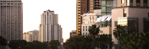 San Diego skyline with walkway and public transit